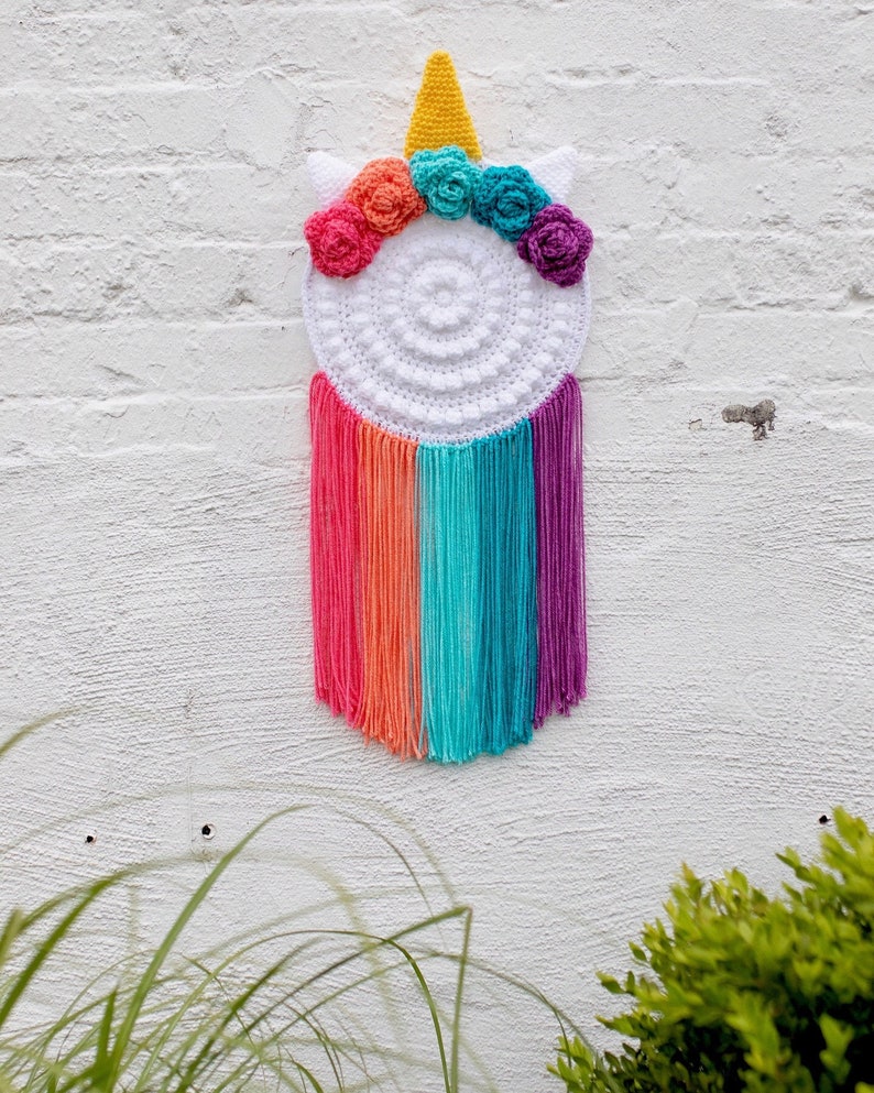 Crochet Unicorn Wall Hanger Pattern, Crochet Unicorn Decor, Crochet Unicorn Pattern, Crochet Room Decor, Crochet Home Decor Textile Wall Art image 1