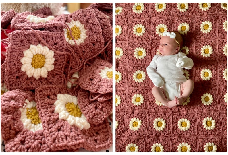 May include: A pink crocheted baby blanket with white and yellow daisy flowers. The blanket is laid out flat with a baby lying on top of it.
