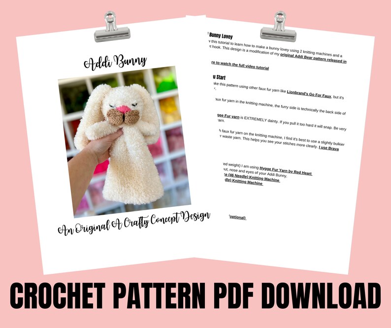 May include: A crochet pattern PDF download featuring a plush bunny toy. The image shows a cream-colored, fluffy bunny with a brown nose and ears. The text "Addi Bunny" is displayed above the bunny, and "An Original A Crafty Concept Design" is below it. The words "CROCHET PATTERN PDF DOWNLOAD" are at the bottom.