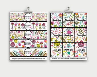 Funky Flower Wrap labels- Handmade with love- PDF Download