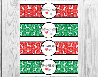 Red/Green Christmas Deer - Handmade with Love - Product Wrap Labels - PDF