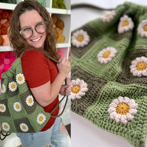 Puede incluir: Una bolsa de cord&oacute;n de crochet verde y marr&oacute;n con un patr&oacute;n de margarita. La bolsa est&aacute; hecha con una variedad de puntadas y tiene un aspecto &uacute;nico y hecho a mano.