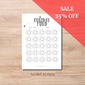 May include: A printable black and white holiday fund tracker with a plane and a pin icon. The tracker has 36 circles in a grid pattern, representing days to save. The text "HOLIDAY FUND" is at the top of the tracker. The text "Start date" and "Goal" are below the text "HOLIDAY FUND". The text "A4 and A5 sizes" is at the bottom of the tracker.