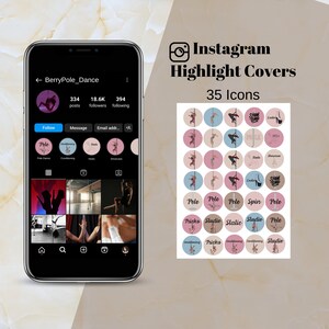 Peut inclure: Un ensemble de 35 couvertures de surbrillance Instagram représentant une danseuse de pole dans différentes poses. Les couvertures sont de couleur rose, bleue et beige avec du texte noir. Le texte comprend "Pole", "Spin", "Studio", "Tricks", "Conditioning", "Static" et "Showcase".