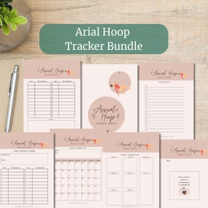 May include: A printable bundle of aerial hoop trackers. The bundle includes a progress tracker, a trick checklist, a dance routine planner, a monthly training plan, and a weekly training plan. The trackers are designed with a pink and brown color scheme and feature a stylized illustration of a person performing aerial hoop.