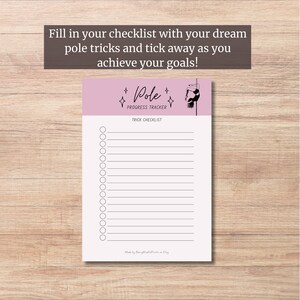K&ouml;nnte beinhalten: Eine rosa Checkliste mit dem Text "Pole Progress Tracker" und "Trick Checklist". Oben rechts befindet sich eine Schwarzwei&szlig;illustration einer Person, die einen Pole-Trick ausf&uuml;hrt.