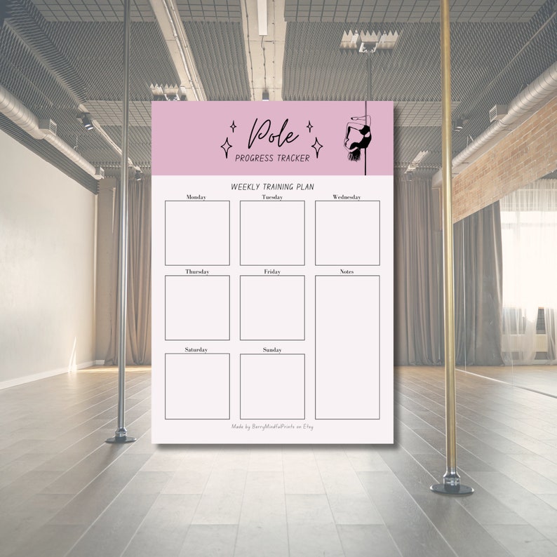 K&ouml;nnte beinhalten: Ein druckbarer rosa-wei&szlig;er Wochenplaner f&uuml;r Pole-Dance-Training mit einer schwarzen Silhouette einer Frau an einer Stange. Der Planer hat Platz f&uuml;r jeden Tag der Woche und einen Notizbereich.