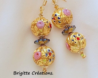 BOUCLES D'OREILLES en perles de verre de MURANO authentiques sur crochets finition or 14 carats.