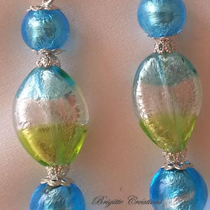 BOUCLES D'OREILLES en perles de verre de Murano authentiques, perle torsadée 15 mm,turquoise,vert acide,feuille d'argent, image 3