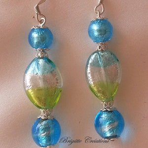 BOUCLES D'OREILLES en perles de verre de Murano authentiques, perle torsadée 15 mm,turquoise,vert acide,feuille d'argent, image 1