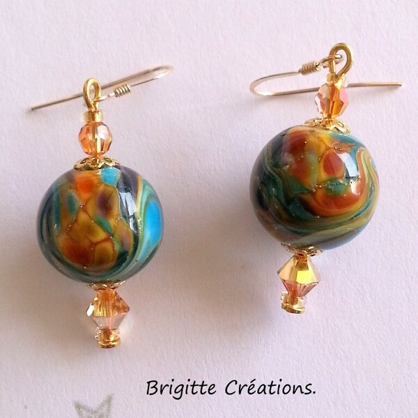BOUCLES D'OREILLES en perles de verre LAMPWORK authentiques (verre filé chalumeau), cristal autrichien et crochets plaqué or,