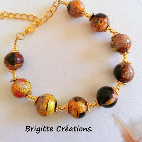 BRACELET en perles de verre de MURANO authentique,multicolores jaune - orangé - noir - marron - beige et feuille d'or 24 kt scintillantes,