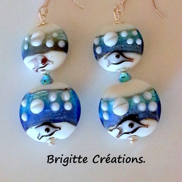 BOUCLES D'OREILLES en verre artisanal "LAMPWORK", crochets d'oreilles en argent, cristal autrichien,