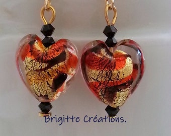 BOUCLES D'OREILLES en perles de verre de MURANO authentique, coeurs et cristal swarovski sur crochets finition or 14 carats