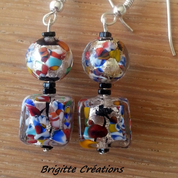 BOUCLES D'OREILLES en perles de verre de MURANO authentiques collection "Gustav Klimt",crochets d'oreilles en argent.