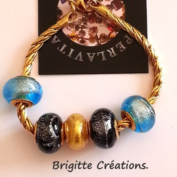BRACELET en perles de verre de MURANO et or collection "PERLAVITA" authentiques - Plaqué or petite maille torsadée.