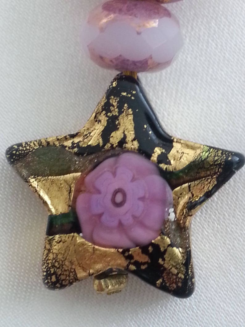 BOUCLES D'OREILLES en perles de verre de Murano authentiques, collection fiorato et feuille d'or, KLIMT, étoile de 15 mm, rose, noir, or, image 2