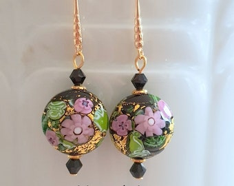 BOUCLES D'OREILLES en perles de verre de MURANO authentiques de la collection Klimt sur crochets d'oreilles or.