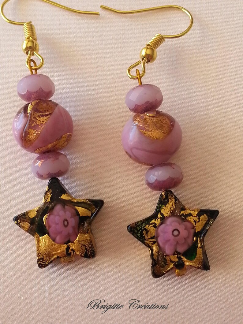 BOUCLES D'OREILLES en perles de verre de Murano authentiques, collection fiorato et feuille d'or, KLIMT, étoile de 15 mm, rose, noir, or, image 6