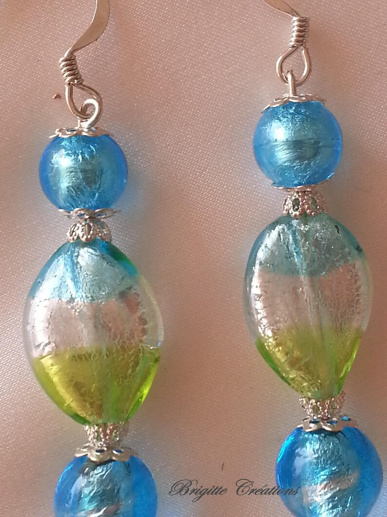 BOUCLES D'OREILLES en perles de verre de Murano authentiques, perle torsadée 15 mm,turquoise,vert acide,feuille d'argent, image 3