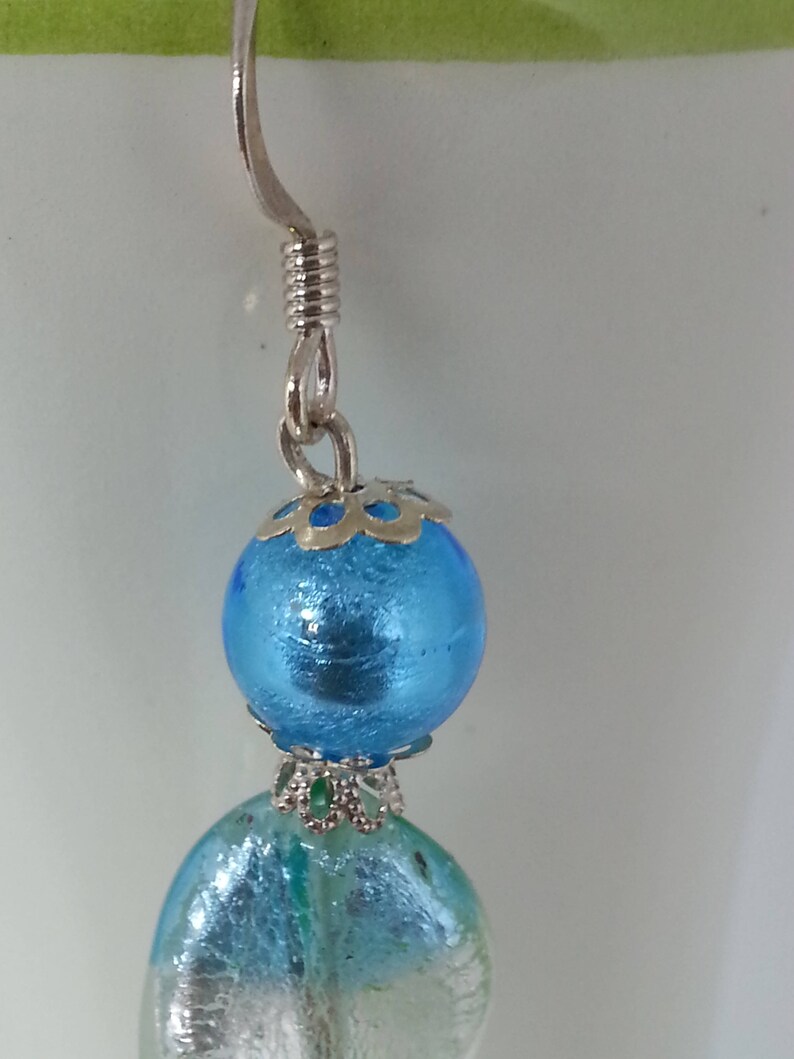 BOUCLES D'OREILLES en perles de verre de Murano authentiques, perle torsadée 15 mm,turquoise,vert acide,feuille d'argent, image 8