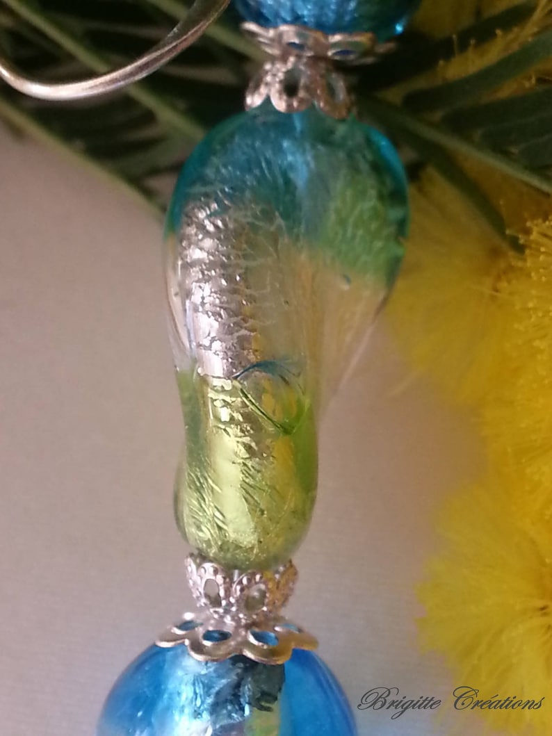 BOUCLES D'OREILLES en perles de verre de Murano authentiques, perle torsadée 15 mm,turquoise,vert acide,feuille d'argent, image 6