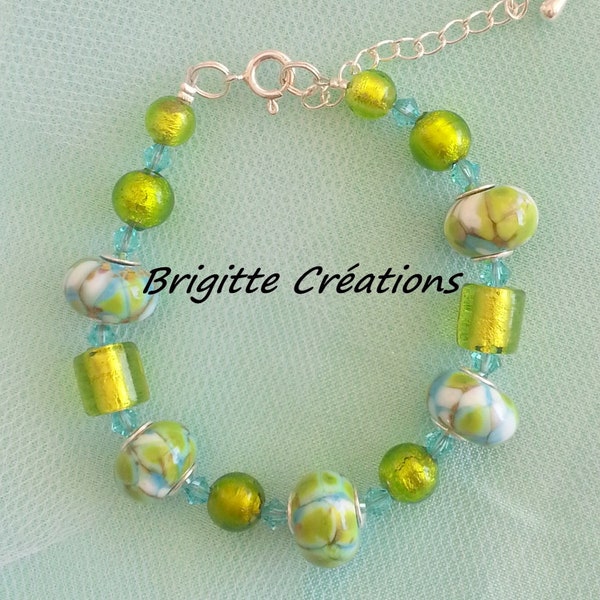 BRACELET en perles de verre de MURANO authentiques et perles "lampwork" réalisées à la main montées sur argent et ajustable chainette argent