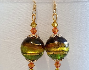 BOUCLES D'OREILLES  en perles de verre de MURANO authentiques collection Serale sur crochets d'oreilles plaqué or.
