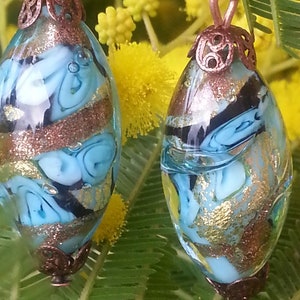 BOUCLES D'OREILLES en perles de verre de Murano autenthique collection FIORATO, forme olive bleu turquoise, aventurine, feuille d'or image 3