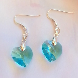 SWAROVSKI crystal and 925 silver earrings - turquoise hearts mounted on silver bails and ear hooks,