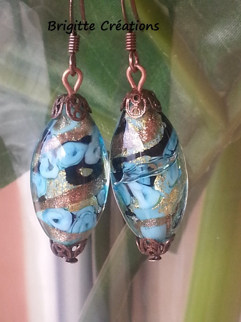 BOUCLES D'OREILLES en perles de verre de Murano autenthique collection FIORATO, forme olive bleu turquoise, aventurine, feuille d'or image 2
