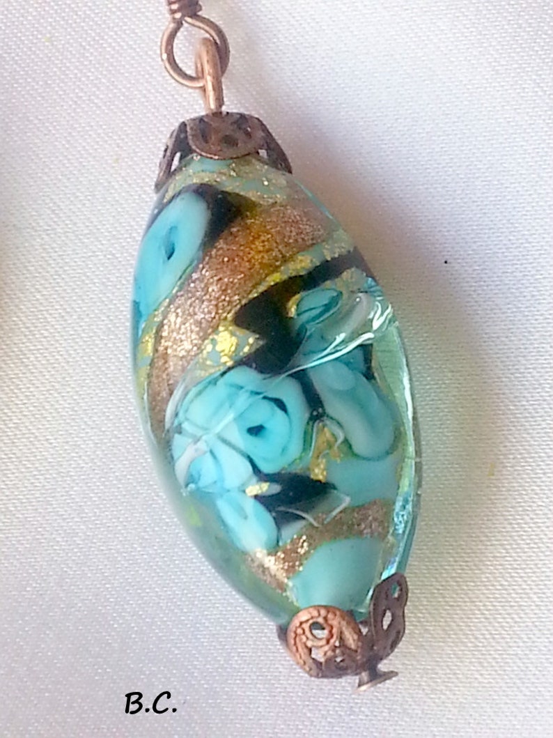 BOUCLES D'OREILLES en perles de verre de Murano autenthique collection FIORATO, forme olive bleu turquoise, aventurine, feuille d'or image 9