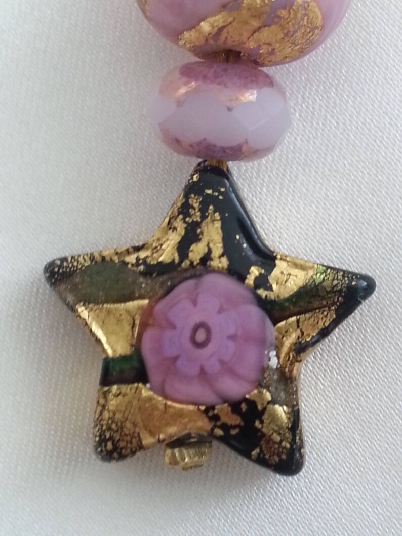 BOUCLES D'OREILLES en perles de verre de Murano authentiques, collection fiorato et feuille d'or, KLIMT, étoile de 15 mm, rose, noir, or, image 5