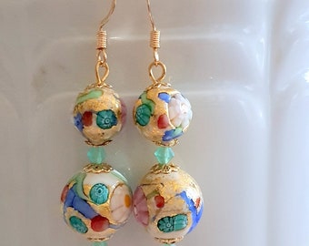 BOUCLES D'OREILLES en perles de verre de MURANO authentiques collection "Klimt" sur crochets d'oreilles finition or 14 kt.
