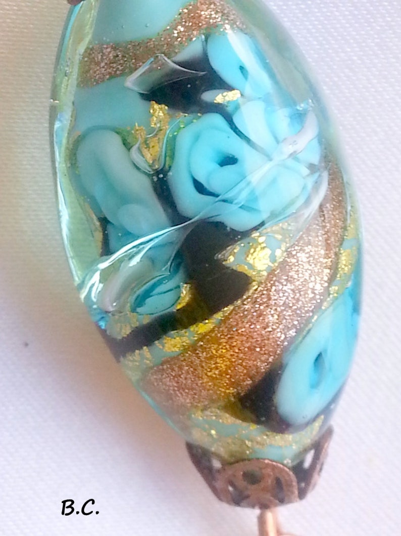 BOUCLES D'OREILLES en perles de verre de Murano autenthique collection FIORATO, forme olive bleu turquoise, aventurine, feuille d'or image 5