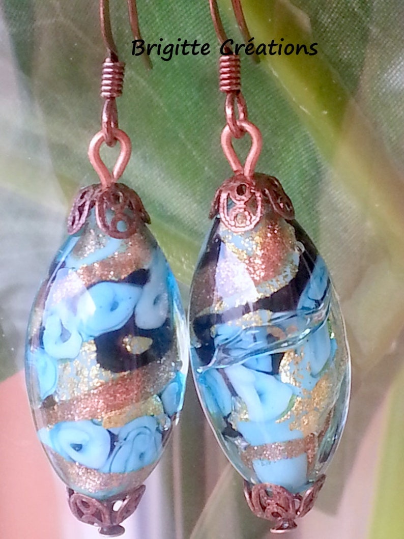 BOUCLES D'OREILLES en perles de verre de Murano autenthique collection FIORATO, forme olive bleu turquoise, aventurine, feuille d'or image 6