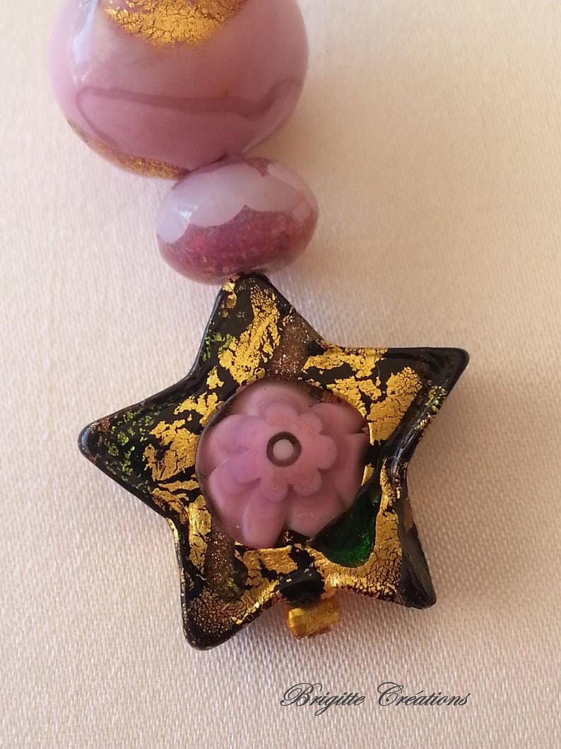 BOUCLES D'OREILLES en perles de verre de Murano authentiques, collection fiorato et feuille d'or, KLIMT, étoile de 15 mm, rose, noir, or, image 8