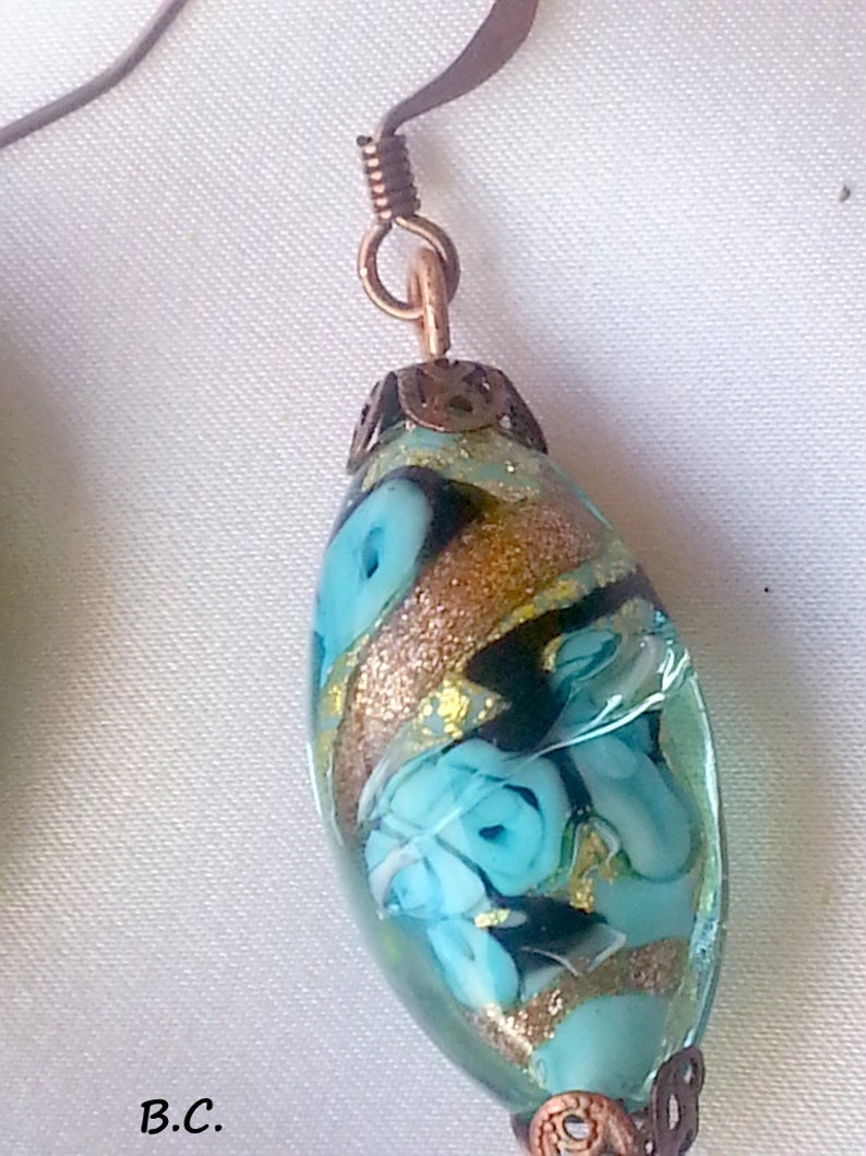 BOUCLES D'OREILLES en perles de verre de Murano autenthique collection FIORATO, forme olive bleu turquoise, aventurine, feuille d'or image 4