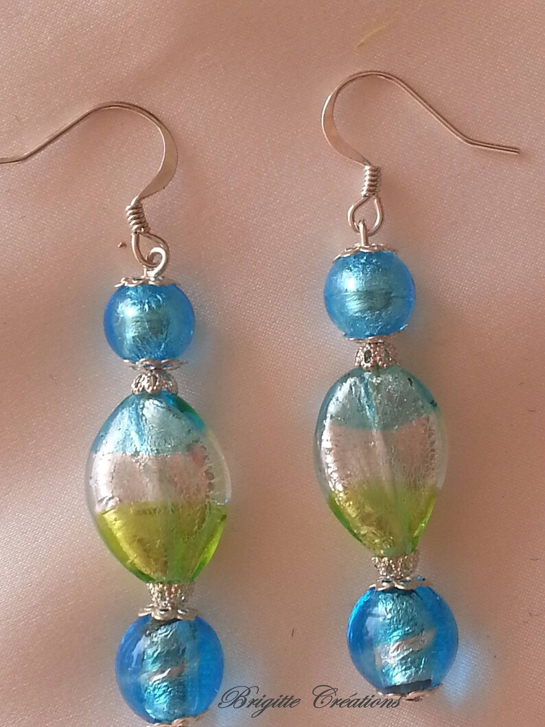 BOUCLES D'OREILLES en perles de verre de Murano authentiques, perle torsadée 15 mm,turquoise,vert acide,feuille d'argent, image 1