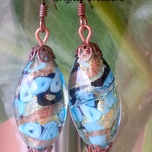 BOUCLES D'OREILLES en perles de verre de Murano autenthique collection FIORATO, forme olive bleu turquoise, aventurine, feuille d'or image 8