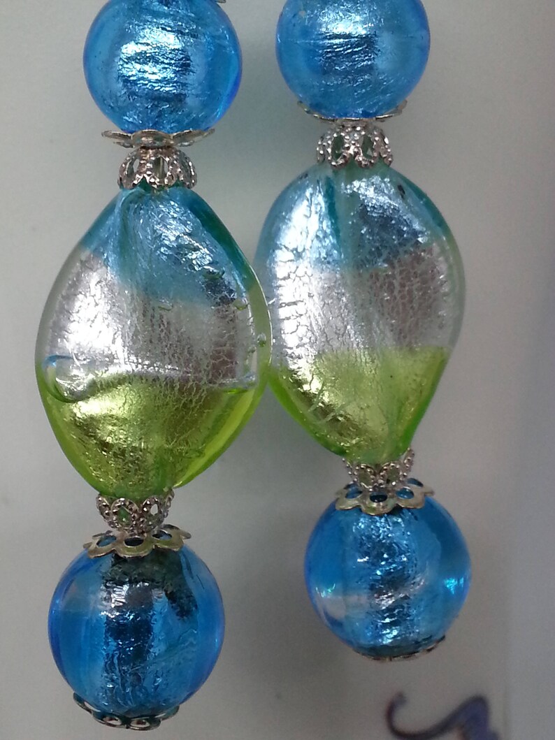 BOUCLES D'OREILLES en perles de verre de Murano authentiques, perle torsadée 15 mm,turquoise,vert acide,feuille d'argent, image 2