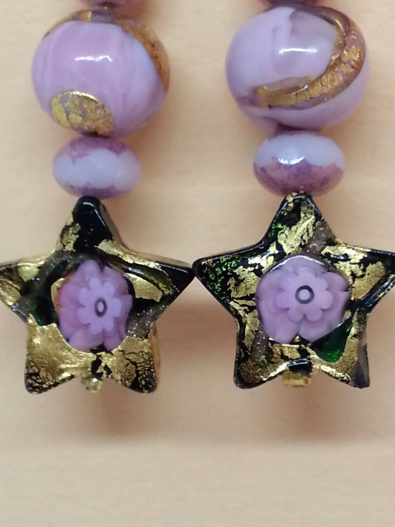 BOUCLES D'OREILLES en perles de verre de Murano authentiques, collection fiorato et feuille d'or, KLIMT, étoile de 15 mm, rose, noir, or, image 10
