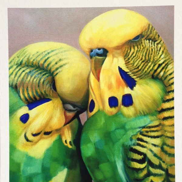 Green Budgie Print, Art Deco Style. Parakeet Art, A4 A3 Giclee Print of Oil Painting- Mount Options  - Tamara de Lempicka style