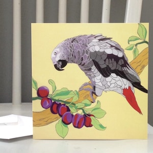 Loro gris africano, tarjeta de felicitación en blanco, regalo de loro, estilo japonés gráfico moderno a partir de pintura acrílica original: loro ciruela