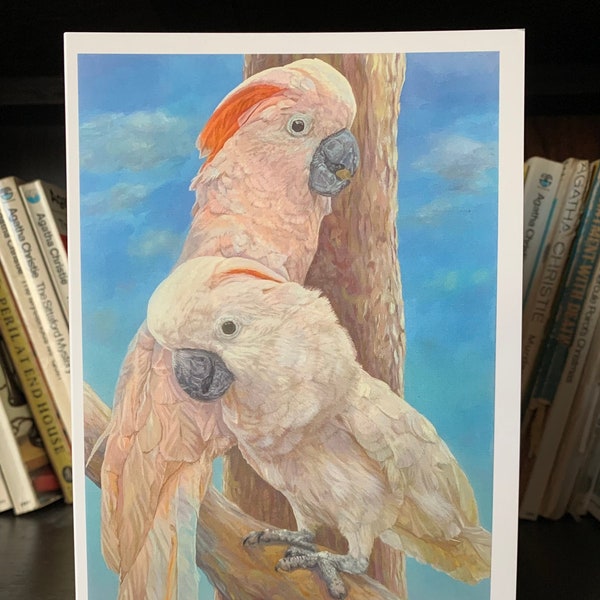 Cockatoo Greeting Card, Salmon Crested Cockatoo, Molucccan Cockatoo, Fine Art Oil Painting, Cockatoo Gift, Tropical Birds.