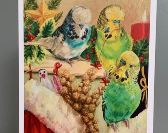 Budgie Christmas Card: Humorous Festive Parakeets & Stockings