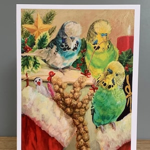 Wellensittich Weihnachtskarte, Wellensittich Kunst, Weihnachtsstrümpfe, süße Vogel Weihnachtskarten, realistische Vogelkunst, Wellensittich, Parkiet, Undulat