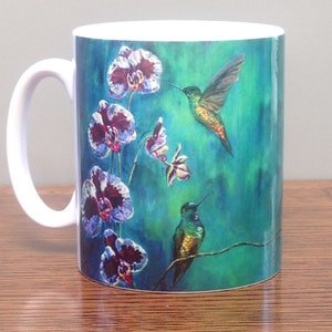 Hummingbird and Orchid Mug: Tropical Floral Design, Valentine's Gift