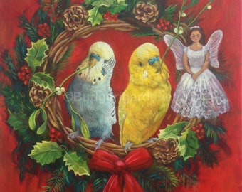 Budgie Christmas Cards,  Budgie Christmas Angel, Packs of 4, 6, 10, Parakeet Christmas Cards, Mistletoe  Holly Wreath by Budgerigardener