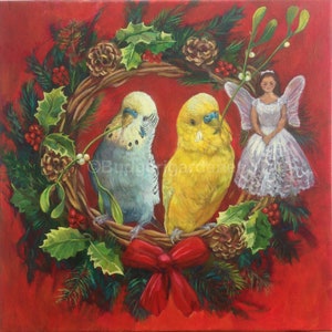 Budgie Christmas Cards,  Budgie Christmas Angel, Packs of 4, 6, 10, Parakeet Christmas Cards, Mistletoe  Holly Wreath by Budgerigardener